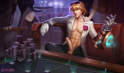 abs big_penis clothed club debonair_ezreal debonair_series erection ezreal grin huge_cock league_of_legends liquid liquidshadow looking_at_viewer male male_focus pecs penis smile solo waitress