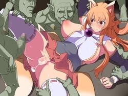 breast_sucking breasts censored clothing cum female goblin goblin_male huge_breasts izuna_(shinrabanshou) kinoshita_(air_hike) large_breasts nipples pussy rape shinrabanshou skirt stockings