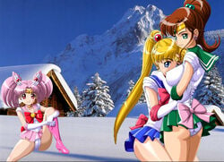 3girls big_breasts bishoujo_senshi_sailor_moon blonde_hair boots breast_envy brown_hair cabin cameltoe chibi_usa choker clothing earrings elbow_gloves erect_nipples erect_nipples_under_clothes female female_only gloves heeled_boots human makoto_kino medium_breasts multiple_girls panties pink_boots pink_hair ponytail realistic_background sailor_chibi_moon sailor_jupiter sailor_moon shadowdancer33 short_skirt skirt small_breasts snow spread_legs teasing_viewer twintails upskirt usagi_tsukino white_panties yuri