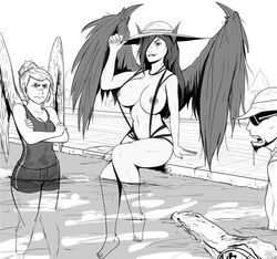 big_breasts harrison2142 hat jealous kayle league_of_legends lee_sin looking_at_viewer morgana pool_party_lee_sin pool_party_renekton pool_party_series renekton siblings sisters small_breasts string_bikini