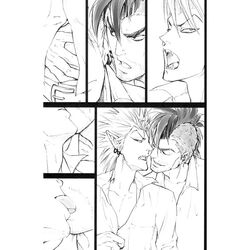 2boys comic doujin eyeshield_21 gay gen_takekura kissing male male_only monochrome multiple_boys pointy_ears punkish_dragoneer sagawa_miku tongue undressing yaoi yoichi_hiruma