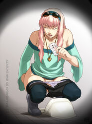 azasuke bare_shoulders bathroom blue_legwear breasts censored closed_eyes clothing earrings feet female hairband highres long_hair macross macross_frontier off_shoulder open_mouth panties panty_pull pendant pink_hair pussy sheryl_nome shoes shorts simple_background solo squat_toilet squatting stockings sunglasses tiptoes toilet underwear wiping_pussy