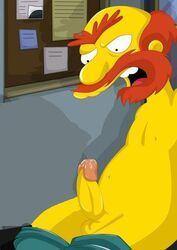 beard boner erection groundskeeper_willie human male male_only penis precum solo the_simpsons