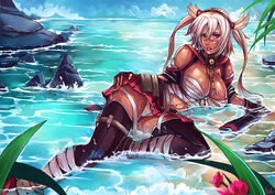 ammunition bandages black_gloves black_legwear blonde_hair blush breasts budget_sarashi dark-skinned_female dark_skin female fingerless_gloves glasses gloves headgear kachima kantai_collection long_hair lying musashi_(kantai_collection) navel nipples on_side outdoors panties pantyshot pantyshot_(lying) parted_lips red_eyes rimless_glasses sarashi see-through solo thighhighs tied_hair twintails underwear water wet