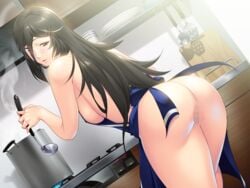 apron ass backboob black_hair breasts censored cooking dat_ass female from_behind game_cg highres kitchen large_breasts legs long_hair looking_back naked_apron nana_g naze_ka_kanojo_ga_boku_ni_ecchi_wo_sematte_kuru_ken orange_eyes pussy smile solo standing thighs