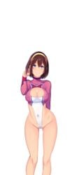 adjusting_hair bare_legs blue_eyes blush breasts brown_hair butcha-u cleavage cleavage_cutout covered_navel erect_nipples female game_cg hairband kenzen!_hentai_seikatsu_no_susume large_breasts legs leotard looking_at_viewer maezono_chinami mound_of_venus navel original pubic_hair see-through short_hair simple_background smile solo standing thighs transparent_background