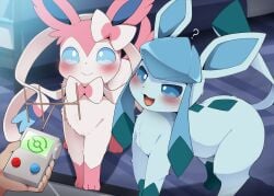 1boy 2girls all_fours blush clueless dagasi delayed_reaction eeveelution female_feral female_focus female_pokemon feral glaceon holding_object hypnosis imminent_rape imminent_sex mouth_open nintendo pokemon pokephilia question_mark smile sylveon zoophilia