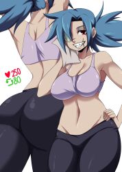 1girls ass ass_shot back back_view big_ass big_breasts black_pants blue_hair bottomwear breasts clothing dat_ass eyewear female female_only hair hand_on_hip huge_ass huge_breasts like_icon one_eye_obstructed pants red_eyes retweet_icon scar skullgirls smile solo solo_female sports_bra sports_uniform sportswear thick_thighs thighs tobyllitos topwear valentine_(skullgirls)