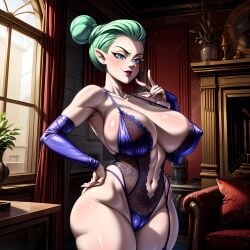 1girls 2d aegis999_(artist) ai_generated big_breasts blue_eyes blue_lingerie elf_ears green_hair hair_bun milf nipple_bulge nipples_covered odalia_blight purple_nails solo the_owl_house