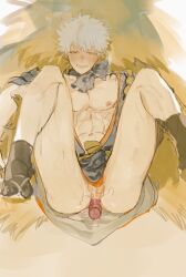 abs alternate_costume anal anal_sex balls blush bulge clenched_teeth cum cum_in_ass disembodied_penis erection_under_clothes gay gintama gintoki_sakata japanese_clothes kimono legs_up looking_at_viewer male male_only male_pov muscular muscular_male on_back pov solo_focus uncensored white_hair yaoi yuzhoufeitian