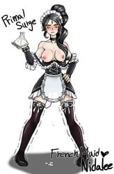 black_hair blush breasts breasts_out french_maid_nidalee fully_clothed lactation league_of_legends maid nidalee nipples tagme