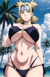 1girls ai_generated alternate_breast_size axosnax big_breasts bikini_bottom bikini_top blue_sky breasts breasts_bigger_than_head busty cleavage clouds curvaceous day female female_only fingerless_gloves forehead_protector from_below gloves headband highleg highleg_bikini highleg_swimsuit huge_breasts kunoichi light-skinned_female light_skin nai_diffusion naruto naruto_(series) naruto_shippuden ninja ocean oppai outdoors palm_tree pinup revealing_swimsuit seaside side-tie_bikini side-tie_bikini_bottom skimpy skimpy_bikini sky stable_diffusion standing sunagakure_symbol sunlight swimsuit temari thick_thighs thighs toned toned_female top_heavy underboob viewed_from_below water wide_hips