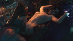 1boy 3d black_hair breasts canon_couple cunnilingus eating_pussy female geralt_of_rivia light-skinned_male male nipples nude pussy scar the_witcher_(series) the_witcher_3:_wild_hunt tomoganim wet_body white_hair yennefer