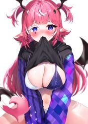 ahoge bangs bikini black_hoodie blue_eyes blush bra breasts camila_(vtuber) cleavage clothes_lift demon_girl demon_tail facial_mark female hair_ornament hood hood_down hoodie hoodie_lift horns indie_virtual_youtuber large_breasts lifted_by_self long_hair long_sleeves looking_at_viewer marking_below_eyes mouth_hold multicolored_hair navel panties pink_hair pointy_ears shirt_lift simple_background sitting solo streaked_hair succubus tail thighs two_side_up underwear very_long_hair virtual_youtuber white_background white_bra white_hair white_panties wings