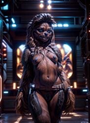 ai_generated alien_girl anthro areola bar belt big_areola black_nipples black_nose black_pussy blue_eyes breasts brown_body brown_fur brown_hair female fur genitals green_eyes hair hi_res inside looking_at_viewer male marcus64 navel nipples nude pussy small_breasts smile solo standing star_wars wookiee