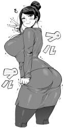 anger_vein ass bad_id bad_pixiv_id bijin_onna_joushi_takizawa-san breasts bursting_breasts clenched_hand cowboy_shot cropped_legs false_smile female formal from_behind greyscale hair_bun highres large_breasts long_hair looking_at_viewer mole mole_under_mouth monochrome pantyhose pencil_skirt simple_background single_hair_bun skirt smile solo standing suit synecdoche takizawa_kyouko trembling v white_background