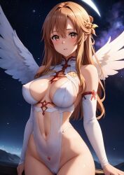 1girls ai_generated artist_request brown_eyes brown_hair cameltoe cleavage cleavage_cutout detached_sleeves embarrassed feathered_wings female female_only navel navel_cutout night_sky nipple_bulge pussy shy solo source_request stable_diffusion sword_art_online wings yuuki_asuna