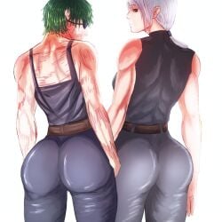 2girls ass ass_focus back_view blurdevil brown_eyes chainsaw_man color colored company_connection crossover eyepatch fully_clothed green_eyes jujutsu_kaisen looking_at_viewer looking_back mappa muscular_female no_text quanxi_(chainsaw_man) self_upload shounen_jump shueisha tagme thick_ass thick_thighs weekly_shonen_jump white_background white_hair zenin_maki