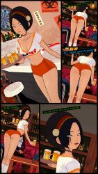 1girls asian avatar_legends avatar_the_last_airbender black_hair breakwater_ridge comic earth_kingdom english_text female green_eyes hooters hooters_uniform nickelodeon text toph_bei_fong tray waitress