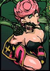 1girls 2boys 2d big_breasts blowjob censored color emotionless emotionless_sex erection expressionless fellatio female forced forced_oral hman jojo's_bizarre_adventure male mmf_threesome oral penis pubic_hair rape simple_background squatting threesome trish_una