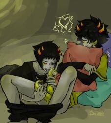 2boys blowjob blush diphallia diphallism gay heart heterochromia holding_pillow homestuck incest mituna_captor multi_penis oral penis sollux_captor tagme tentabulge tentacle_penis yaoi