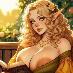 ai_generated areolae big_breasts blonde_hair book elf female gown green_eyes original_character solo solo_female straight