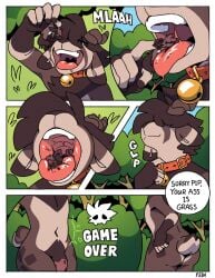 anthro ass bell bell_collar bullying collar comic day digested digestion dominant dominant_anthro dominant_male duo femboy feral forced game_over gameplay_mechanics goatchamp hi_res humiliation instant_loss larger_male light magic magic_user male male/male mouth_play on_tongue onomatopoeia oral_vore outside plant shrinking shrunken size_difference size_transformation sky smaller_male smothering sound_effects sunlight text tongue transformation tree vore