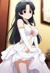 ai_generated black_hair blush bride brown_eyes cleavage cleavage_cutout dress_lift elbow_gloves female female_only gintama gloves hime_cut long_hair medium_breasts tiara tokugawa_soyo wedding_dress white_gloves