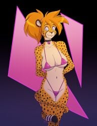 2023 anthro big_breasts bikini bikini_bottom bikini_top breasts camel_toe cheetah chin_piercing claws cleavage clothed clothing collar collar_only conditional_dnp dynamite_(kadath) ear_piercing felid feline female female_focus female_only fur gauged_ear grey_eyes hair hands_behind_back hi_res high_ponytail kadath kadath_universe looking_at_viewer mammal navel nipple_outline nude orange_body orange_fur orange_hair original original_character piercing ponytail signature skimpy skimpy_bikini smile solo spots spotted_body spotted_fur swimwear