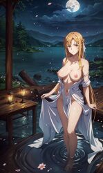 1girls ai_generated artist_request bare_legs breasts breasts_out_of_clothes brown_eyes brown_hair clouds embarrassed female female_only lantern moon mountains navel night night_sky nipples outdoors outside shoreline shy solo source_request stable_diffusion standing standing_in_water sword_art_online trees water water_ripple yuuki_asuna