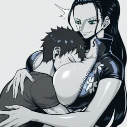 1boy 1boy1girl 1girls ai_generated between_breasts big_breasts blue_eyes breast_smother breast_smothering breasts breasts_bigger_than_head emotionless expressionless face_in_breasts female head_between_breasts head_in_cleavage height_difference hug male male/female nico_robin older_female older_female_younger_male older_woman_and_younger_boy one_piece seductive seductive_gaze seductive_look seductive_smile sexually_suggestive sexy_female size_difference smothered smothering smothering_breast straight sweat sweatdrop taller_girl wolfiazin960(artist) younger_male