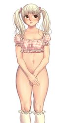 blonde_hair blush covering femboy frilled_legwear frilled_socks girly knee_socks kneehighs kneesocks navel nitrile no_panties socks solo standing tears tied_hair trap twintails white_socks