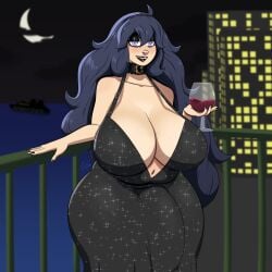 1futa balcony black_eyeshadow black_lipstick black_nails bottomless_skirt breasts bulge bulge_through_clothing bulge_under_clothes cameltail choker clothed clothing cobaltkilter cocktail_dress dress dress_bulge evening evening_gown flaccid fully_clothed futa_only futanari game_freak hex_maniac hi_res highres huge_breasts huge_cock human large_breasts large_penis light-skinned_futanari light_skin long_hair looking_at_viewer makeup moon moonlight navel nintendo penis penis_bulge penis_under_clothes penis_under_skirt pokemon purple_eyes purple_hair skirt solo solo_futa spiral_eyes standing thick_thighs wide_hips wine wine_glass