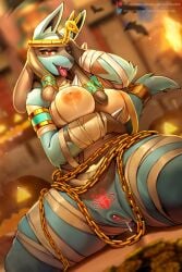 anthro big_breasts blue_body blue_fur breasts canid canine chains egyptian female female_lucario female_pokemon fur generation_4_pokemon genitals gold_(metal) gold_chain hi_res janjin192 kambo lucario mammal mummy_wrappings nintendo nipples pokemon pokemon_(species) pubic_tattoo pussy ruins_style_lucario solo tail tan_body tan_fur tattoo thick_thighs