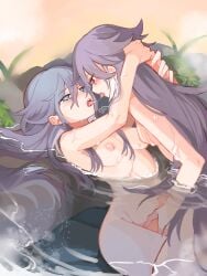 2girls blue_eyes blue_hair blush breasts completely_nude fu_hua fu_hua_(herrscher_of_sentience) grey_hair hair_between_eyes hand_on_another's_crotch hand_on_another's_neck highres honkai_(series) honkai_impact_3rd long_hair medium_breasts multicolored_hair multiple_girls navel nipples nude onsen open_mouth pussy red_eyes rock saliva_string saliva_swap saliva_trail stomach streaked_hair tearing_up tears white_hair yellow_pupils yuri yuyuyu_starrail