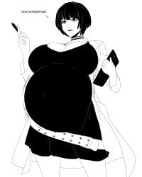 absurdres belt breasts choker cleavage clipboard covered_navel english_text female female_focus gigantic_breasts highres huge_breasts lab_coat monochrome pen persona persona_5 pregnant short_hair solo tae_takemi text_focus zdemian