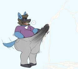 anthro big_penis cole_(colelucario) cum cum_through_clothes cumshot ejaculation ejaculation_under_clothes erection erection_under_clothes game_freak huge_cock lucario nintendo penis pokemon pokemon_(species) tanookers thick_thighs wide_hips