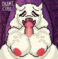 animated anthro big_breasts big_penis chubby female furry goat goat_mom mommy_kink open_mouth paizuri pixel_animation pixel_art precum spit titjob tongue_out toriel undertale_(series) white_fur