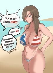 1girls american_flag_bikini angry beach beach_background big_breasts big_thighs bikini breasts breasts_bigger_than_head brown_hair confused curvy dialogue do_you_love_your_mom_and_her_two-hit_multi-target_attacks? fat_thighs female female_only funny huge_breasts humor large_breasts mamako_oosuki massive_breasts mature_female meme milf mother ocerius oosuki_mamako purple_eyes question_mark sweat sweatdrop thick_thighs thighs tsuujou_kougeki_ga_zentai_kougeki_de_ni-kai_kougeki_no_okaasan_wa_suki_desu_ka? voluptuous