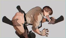 5boys absurdres adventurer_(ff14) ass bandaged_hand bandages bara brown_hair brown_pants brown_shirt closed_eyes clothes_pull collared_shirt cum erection fellatio final_fantasy final_fantasy_xiv gay grey_background hand_on_another's_ass highres male_focus multiple_boys muscular muscular_male oral pants pants_pull penis scar scar_on_leg shirt short_hair simple_background uselessdut warrior_of_light_(ff14) yaoi