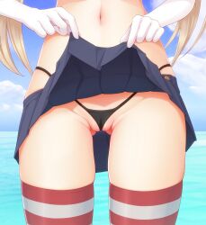 absurdres ass_visible_through_thighs between_labia blonde_hair blue_skirt cameltoe cloud day elbow_gloves fat_mons female gloves highres hip_focus horizon innie_pussy kantai_collection long_hair merrytail microskirt miniskirt navel outdoors panties partially_visible_vulva pleated_skirt school_uniform schoolgirl shimakaze_(kantai_collection) skirt skirt_lift sky solo striped striped_legwear thigh_gap thighhighs thong underwear upskirt very_long_hair water white_gloves