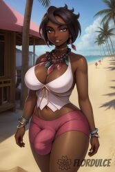 ai_generated beach black_hair building bulge dark-skinned_female dark-skinned_futanari dark_skin flordulce futa_only futanari grey_eyes jewelry large_bulge ocean olivia_(pokemon) outdoors palm_tree penis_bulge pink_shirt pink_short_shorts pink_shorts pokemon pokemon_sm pubic_hair sand seductive seductive_look seductive_smile short_shorts solo_futa standing