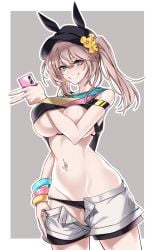 1girls belly_button belly_button_piercing big_breasts breasts busty cleft_of_venus curvy dogs_(dlrkdejr26) eternal_return:_black_survival female female_only hat leni_(eternal_return) navel navel_piercing one_breast_out panties panties_down peace_sign phone piercing ponytail short_shorts shorts shorts_down skimpy skimpy_clothes solo unbuttoned voluptuous