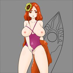 1girls hair_flower hourglass_figure league_of_legends leona_(league_of_legends) orange_hair padark pool_party_leona pool_party_series pussy sunflower swimsuit tagme vagina