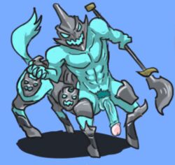 abs blue_skin centaur hecarim helmet hooves league_of_legends male male_only muscular_male pubic_hair solo spear tail taur veiny_penis