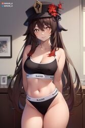 1girls ai_generated asian_female big_breasts blacked blacked_clothing confident_smile female female_focus female_only genshin_impact hoyoverse hu_tao_(genshin_impact) light-skinned_female light_skin looking_at_viewer mihoyo samsara_ai solo