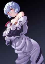 1girls black_background blue_hair bodysuit breasts female female_only human ka_ki_o looking_at_viewer neon_genesis_evangelion nervous pale-skinned_female pale_skin pilot_suit plugsuit rei_ayanami res_eyes short_hair sideboob solo tagme teasing undressing