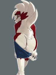 anus ass clothed clothed/nude clothing eyewear feral gardon(artist) generation_7_pokemon glasses hi_res lycanroc male midnight_lycanroc nintendo nude pokemon pokemon_(species) presenting smile smiling_at_viewer solo solo_focus tail