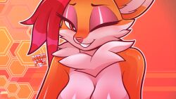 2024 2d_(artwork) anthro banner breasts canid canine digital_media_(artwork) eyelashes eyeliner female fluffy fox fur hair happy hi_res looking_at_viewer makeup mammal neck_tuft nude orange_body red_eyes red_fox red_hair seductive signature simple_background solo three-quarter_view tuft undercut white_body zerlix_fox zerlix_fox_(character) zkarleth_(zerlix_fox)