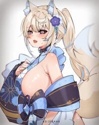 bottomless embarrassed fuwawa_abyssgard fuwawa_abyssgard_(new_year) hololive hololive_english hololive_english_-advent- huge_ass huge_breasts ill-fitting_clothes keisea no_bra no_panties official_alternate_costume side_view sideboob swirly_eyes virtual_youtuber